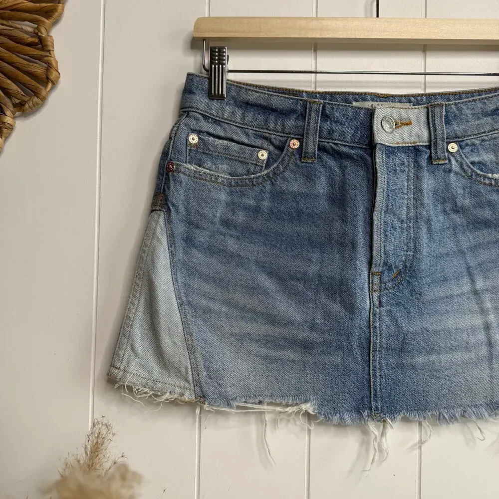Free People mini skirt denim patched boho summer casual 26